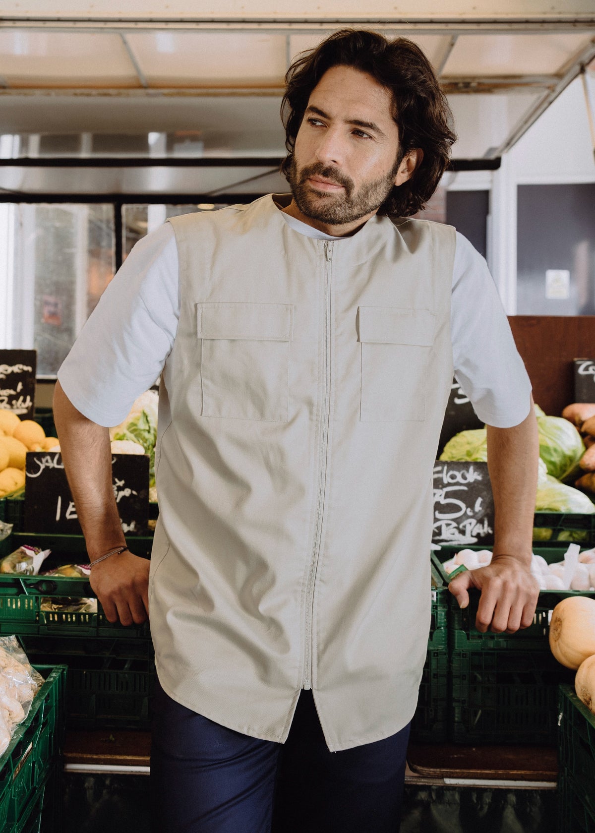Chef wearing a Le Nouveau Chef chef jacket at the market